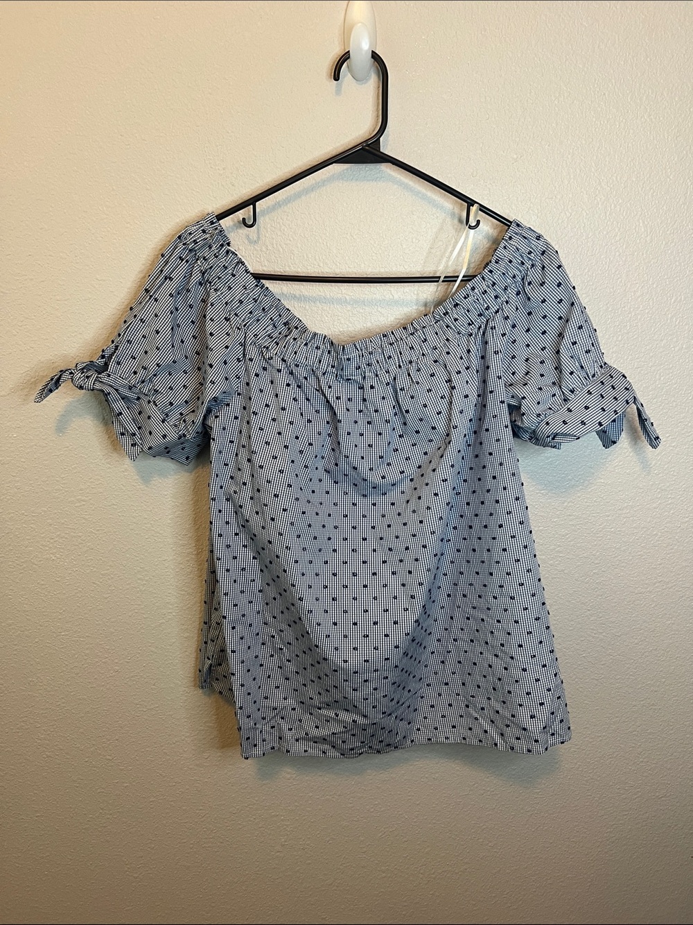 CeCe Off Shoulder Embroidered Gingham Top Blue Size XL